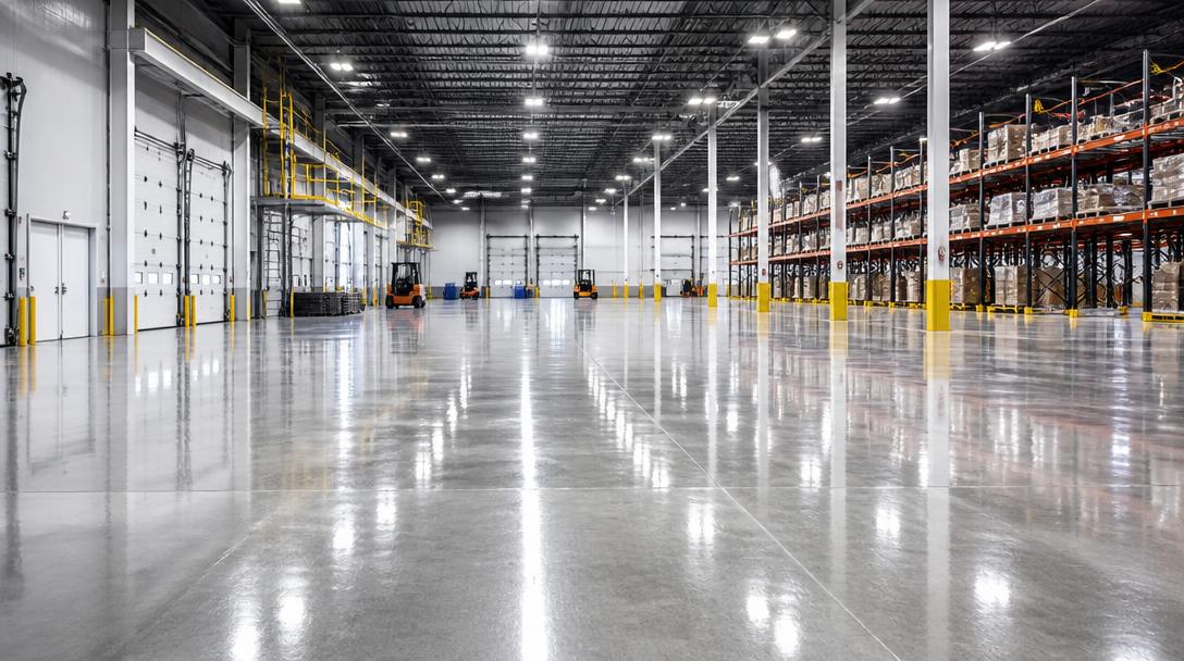 Clean industrial warehouse floor with reflective epoxy coating