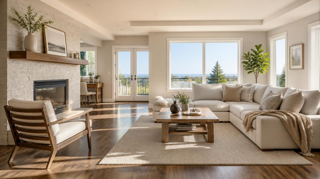 Sunlit modern living room with pristine wood floors after residential cleaning